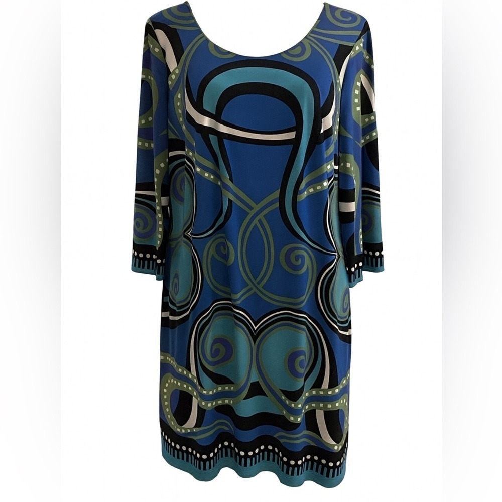 Nicole by Nicole Miller Blue Green Geometric Print Long Sleeve Shift Dress L